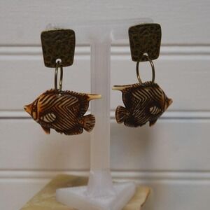 Vintage Norma Jean Fish Dangle clip on‎ earrings copper tone Retro 80s tropical